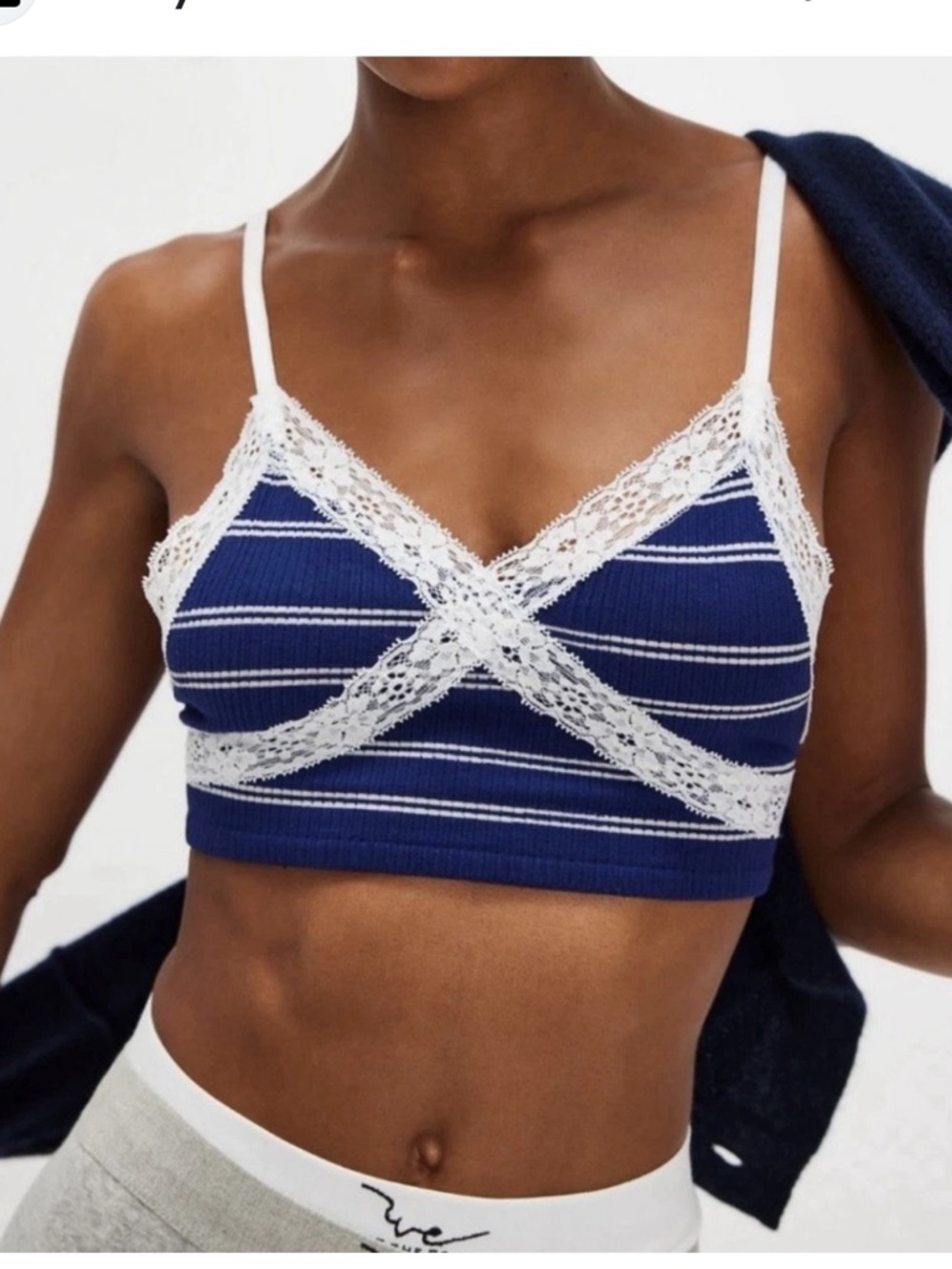 Free People Navy and White Lace-Trim Bralette